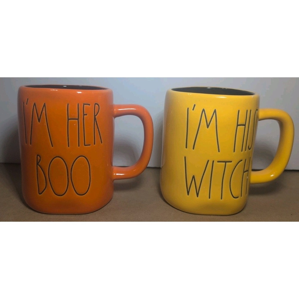 Rae Dunn Halloween I'M HER BOO & I'M HIS WITCH Orange and Yellow Mug Set of 2